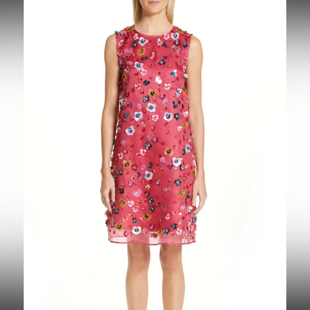 Mansur Gavriel hot pink silk beaded shift dress